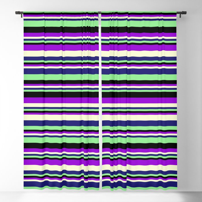 Dark Violet, Light Yellow, Midnight Blue, Light Green, and Black Colored Lined/Striped Pattern Blackout Curtain