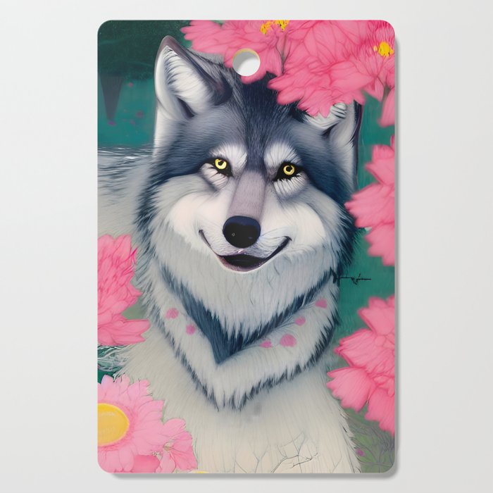 Wolf with Spring Flowers Cutting Board