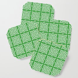 Art Deco Style Fleur De Lis Pattern White On Green Coaster