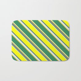 [ Thumbnail: Yellow, Gray, Sea Green, and Lavender Colored Striped Pattern Bath Mat ]