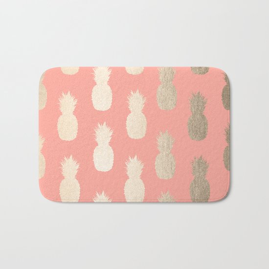Gold Pineapples on Coral Pink Bath Mat
