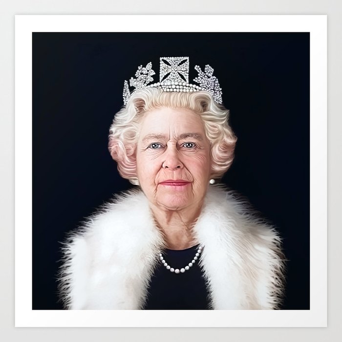 Queen Elizabeth II Pink Tinted Hair White Fur Stole  Art Print