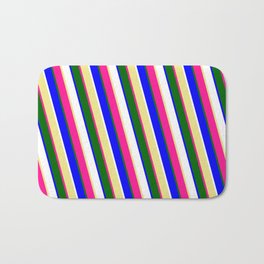 [ Thumbnail: Eye-catching Tan, Deep Pink, Dark Green, Blue, and White Colored Stripes Pattern Bath Mat ]