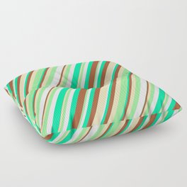 [ Thumbnail: Eye-catching Green, Sienna, Tan, Light Green, and Mint Cream Colored Striped/Lined Pattern Floor Pillow ]