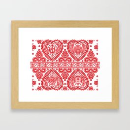 Floral Folk Hearts in Red Framed Art Print