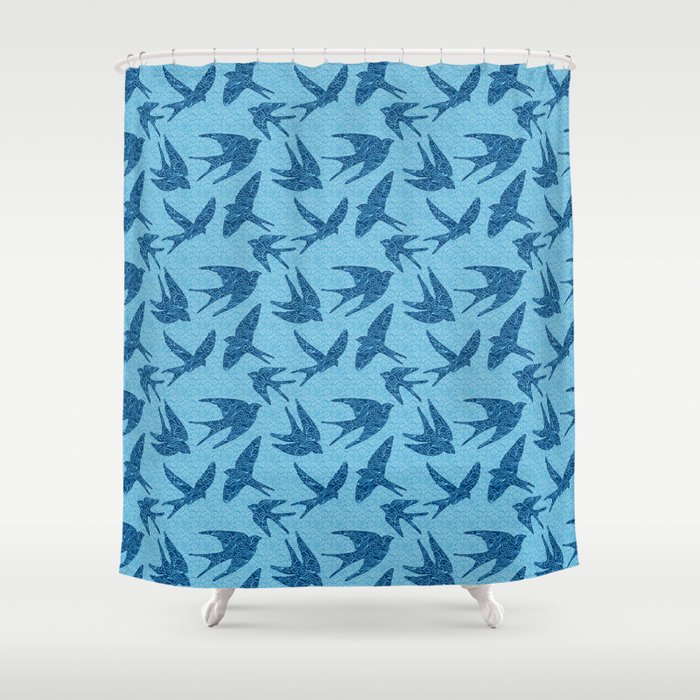 Swallows in Flight, Cobalt and Pale Blue Shower Curtain