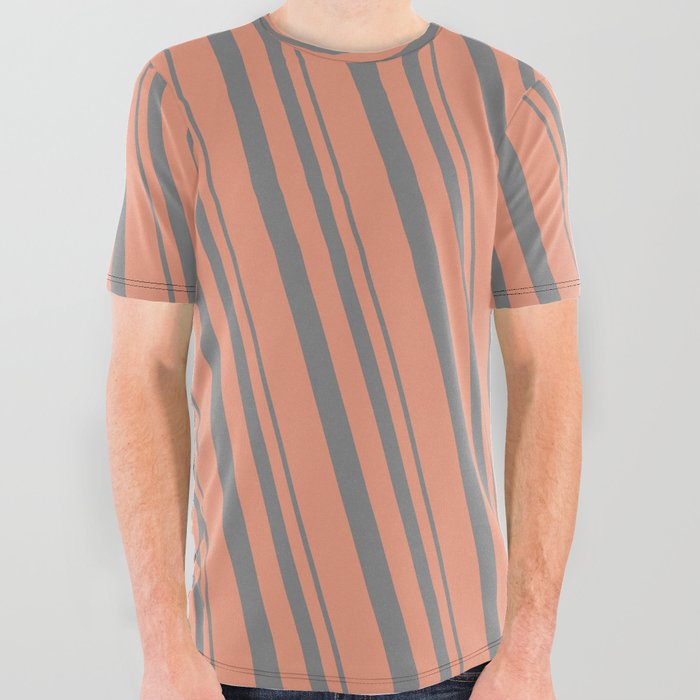 Gray and Dark Salmon Colored Lined Pattern All Over Graphic Tee