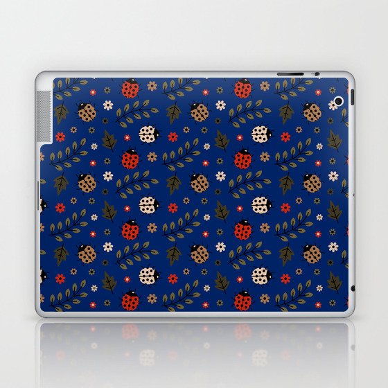 Ladybug and Floral Seamless Pattern on Blue Background Laptop & iPad Skin