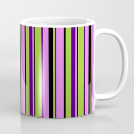 [ Thumbnail: Green, Indigo, Violet, and Black Colored Lines/Stripes Pattern Coffee Mug ]