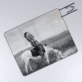 Red Hawk, Oglala Indian Chief on a horse at a pool of water on the plains black and white American Old West photograph Picnic Blanket