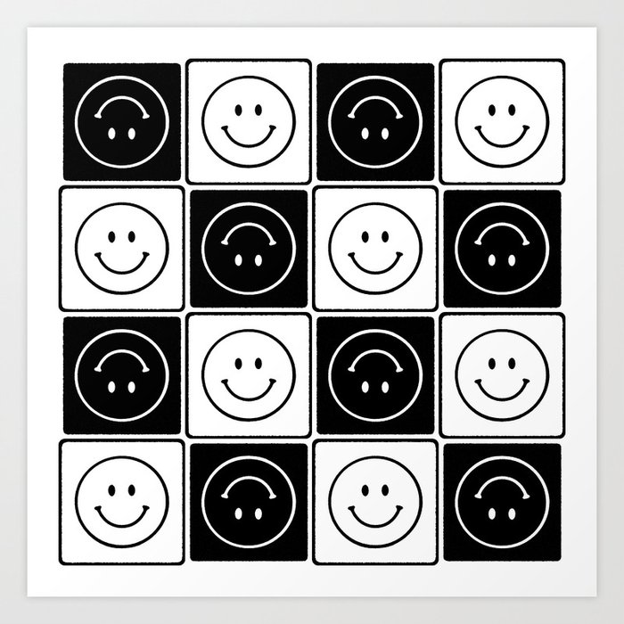 Checked Smiley Faces Pattern (Black & White) Art Print