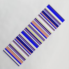 [ Thumbnail: Pale Goldenrod, White, Blue, Dark Salmon, and Dark Blue Colored Pattern of Stripes Yoga Mat ]