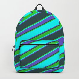 [ Thumbnail: Cyan, Slate Blue, Dark Slate Gray & Lime Green Colored Stripes Pattern Backpack ]