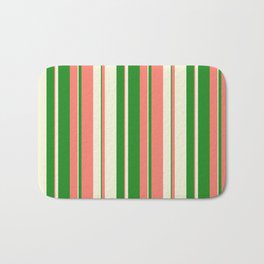 [ Thumbnail: Salmon, Forest Green & Beige Colored Lined Pattern Bath Mat ]