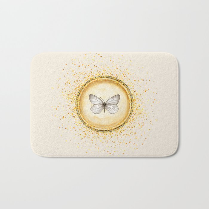 Hand-Drawn Butterfly Gold Circle Pendant on Ecru Off-White Bath Mat