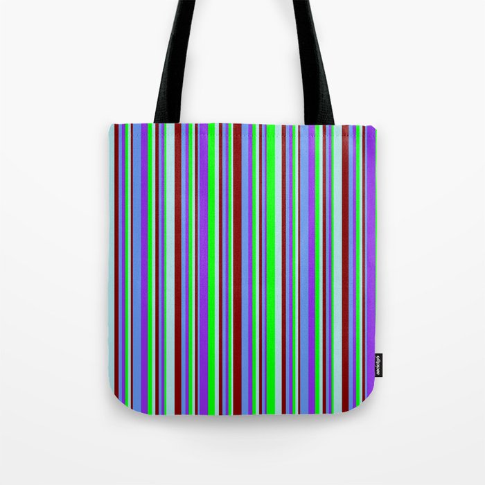 Vibrant Maroon, Powder Blue, Lime, Purple & Cornflower Blue Colored Striped Pattern Tote Bag