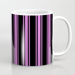 [ Thumbnail: Black and Orchid Colored Pattern of Stripes Coffee Mug ]