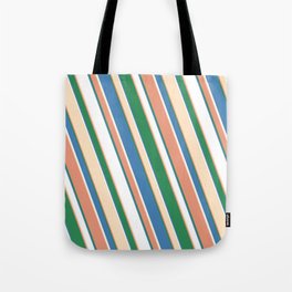 [ Thumbnail: Eye-catching Dark Salmon, Sea Green, Blue, White, and Bisque Colored Stripes Pattern Tote Bag ]
