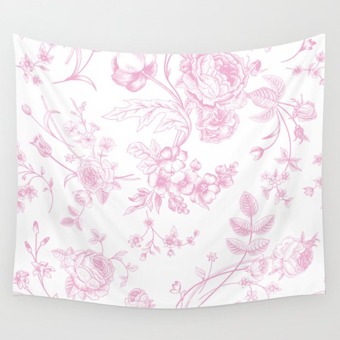 Toile de Jouy Pink Vintage French Floral Wall Tapestry