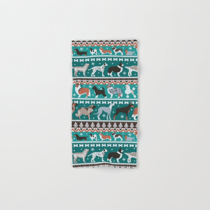 Fluffy and bright fair isle knitting doggie friends // pine and java green background brown orange white and grey dog breeds  Hand & Bath Towel