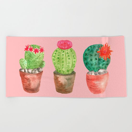 Three Cacti watercolor pink Beach Towel