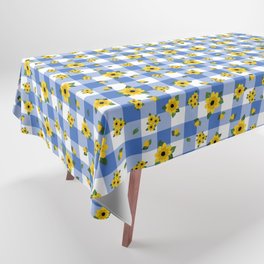 Yellow Flowers All Over - blue check Tablecloth