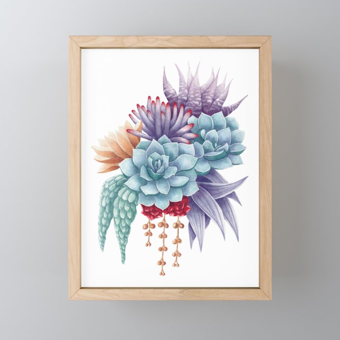 whimsical succulents in tropical watercolors Framed Mini Art Print