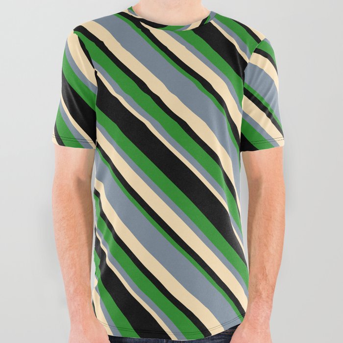 Light Slate Gray, Beige, Black, and Forest Green Colored Lined Pattern All Over Graphic Tee