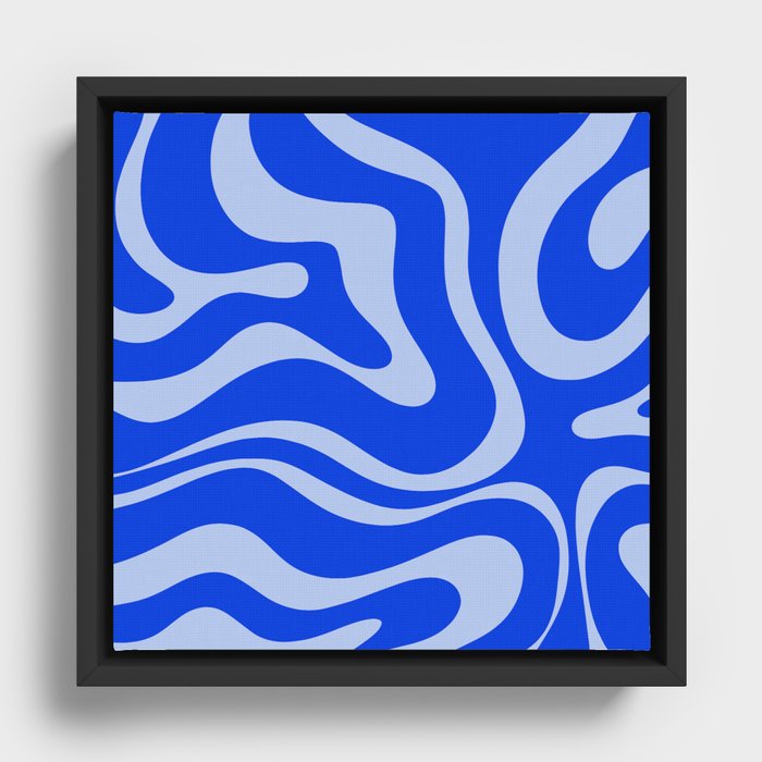 Retro Modern Liquid Swirl Abstract Pattern Square Royal Blue and Light Blue Framed Canvas