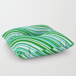 [ Thumbnail: Green, Turquoise & Light Cyan Colored Lined/Striped Pattern Floor Pillow ]