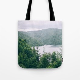 Rainy Mountain Landscape Photography | Green Hills with Forest Photo | Lake and Woods Tote Bag