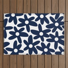 Daisy Time Floral Pattern in Nautical Navy Blue and White Outdoor Rug