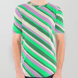[ Thumbnail: Beige, Plum, Green, and Sea Green Colored Striped Pattern All Over Graphic Tee ]