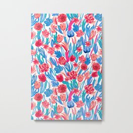 Vivid & Colorful Watercolor Floral Pattern Metal Print | Coral, Cobalt, Colorful, Tropicalflowers, Monetstyle, Bloom, Leaves, Tulips, Timeless, Watercolor 