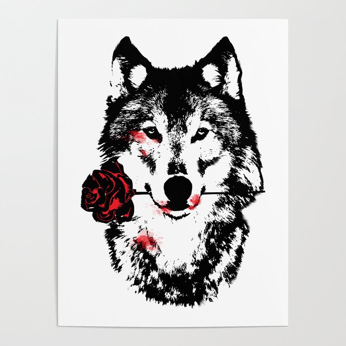 Wolf blood stained, holding a red rose. Poster
