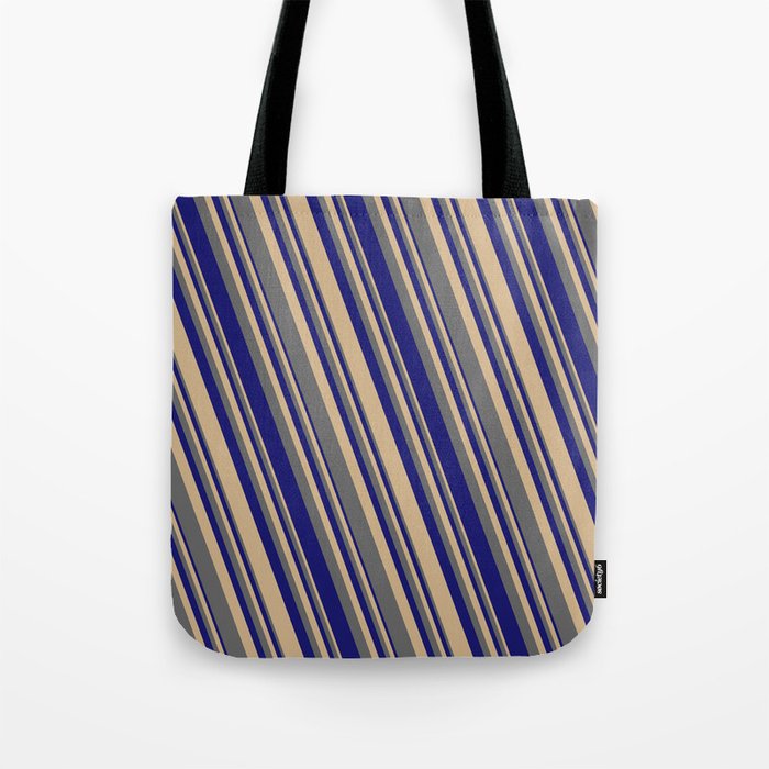 Tan, Dim Gray, and Midnight Blue Colored Lined Pattern Tote Bag