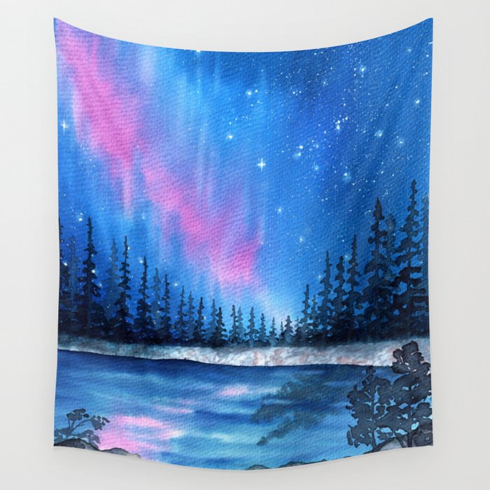 Lavender Lights Aurora Borealis Watercolor Painting Wall Tapestry