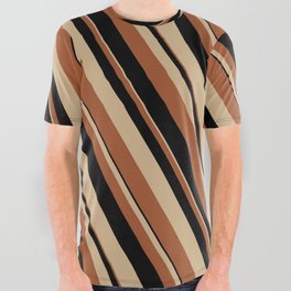 [ Thumbnail: Tan, Sienna & Black Colored Lines/Stripes Pattern All Over Graphic Tee ]