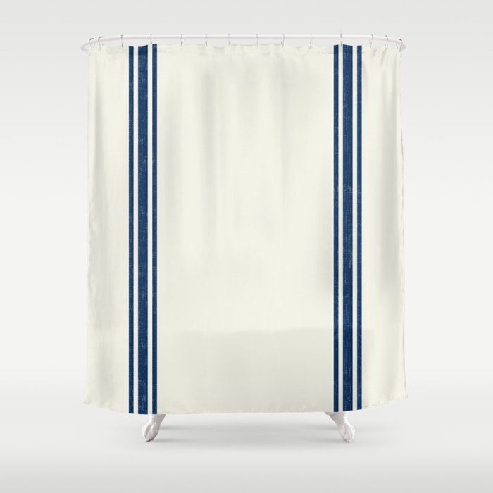 Vintage Country French Grainsack Blue, Blue And Cream Striped Shower Curtains