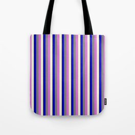 [ Thumbnail: Vibrant Black, Blue, Grey, Orchid, and Beige Colored Striped/Lined Pattern Tote Bag ]