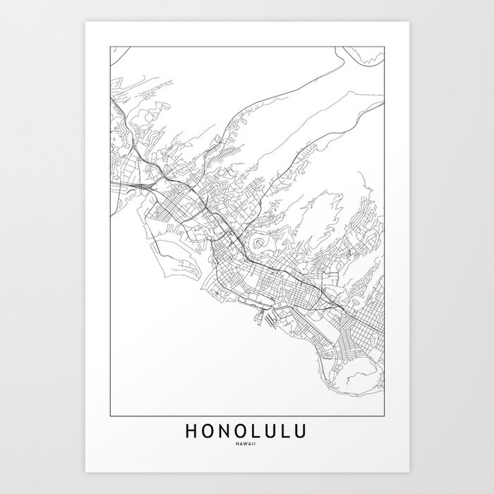 Honolulu White Map Art Print