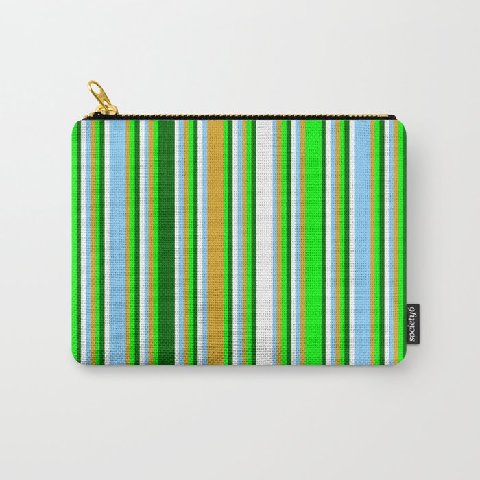Eyecatching Lime, Goldenrod, Light Sky Blue, White, and Dark Green Colored Pattern of Stripes Carry-All Pouch
