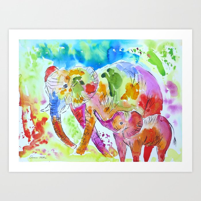 Colourful Mother And Baby Elephant Art Print By Casimirasquirkyart