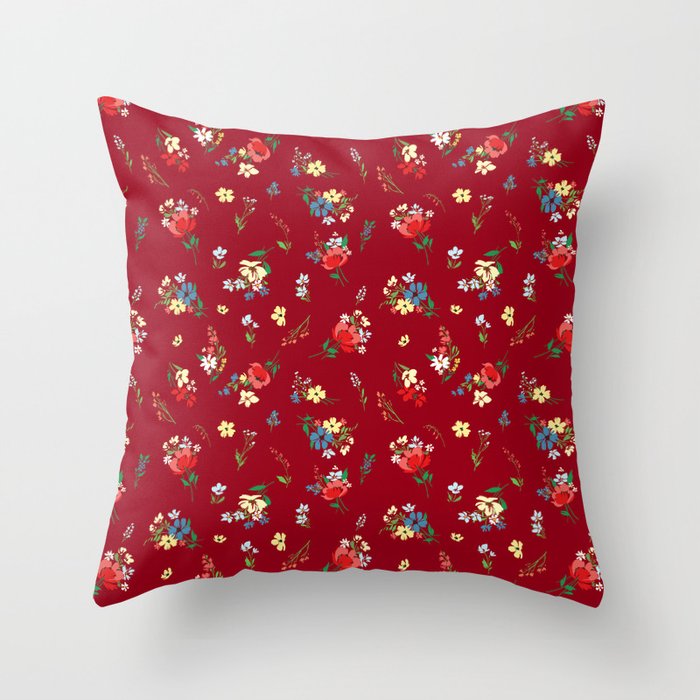 Summer flowers on red background Throw Pillow