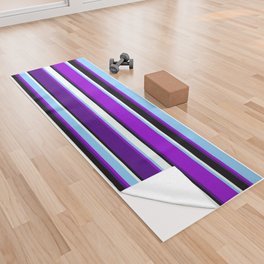 [ Thumbnail: Vibrant Light Sky Blue, Dark Violet, Indigo, Black, and Mint Cream Colored Striped Pattern Yoga Towel ]