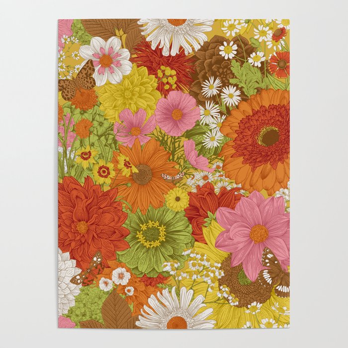 Seamless floral pattern 70s. Autumn flowers and butterflies. Warm colors.  Poster