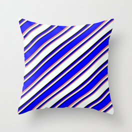 [ Thumbnail: Blue, Light Coral, Mint Cream & Black Colored Lined Pattern Throw Pillow ]