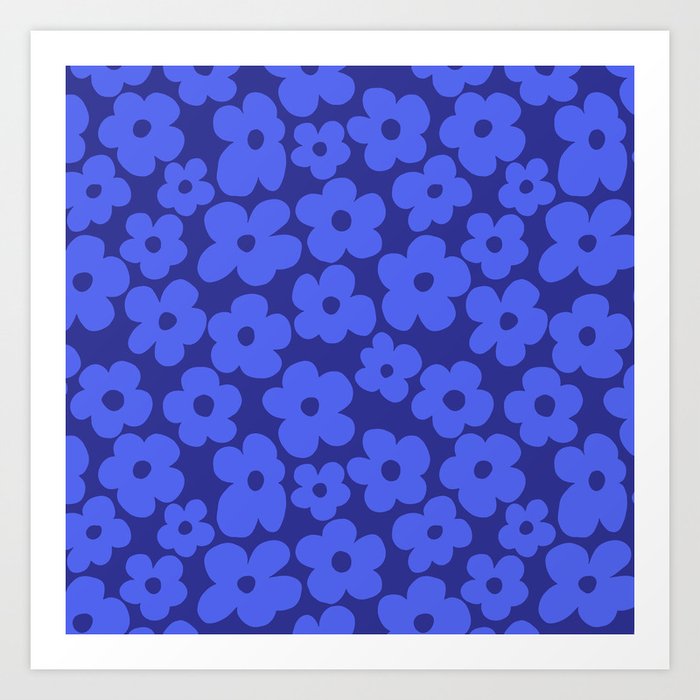 Cool Blue on Blue Background Retro Flowers - Floral Pattern - Seamless Pattern Art Print
