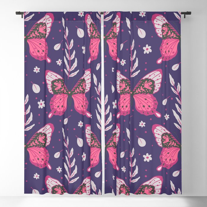 Wine Colored Butterflies on Blue Blackout Curtain