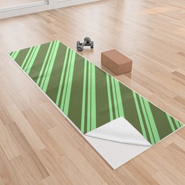 [ Thumbnail: Green and Dark Olive Green Colored Striped Pattern Yoga Towel ]